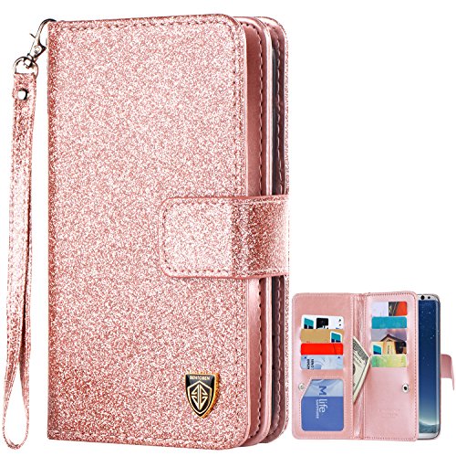 Product Cover Galaxy S8 Case, Samsung Galaxy S8 Case, BENTOBEN Galaxy S8 Wallet Case Glitter Faux Leather Flip Credit Card Holder Wristlet Shockproof Protective Case for Samsung Galaxy S8 2017 (5.8 Inch), Rose Gold