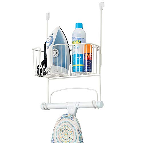 Product Cover mDesign Metal Over Door Ironing Board Holder with Large Storage Basket - Holds Iron, Board, Spray Bottles, Starch, Fabric Refresher - for Laundry, Utility Room, Garage - White