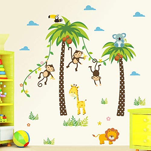 Product Cover ElecMotive Cartoon Forest Animal Monkey Crow Koala Coconut Palm Tree Nursery Wall Stickers Wall Murals DIY Posters Vinyl Removable Art Wall Decals for Kids Girls Room Decoration (Monkey Lion Giraffe)