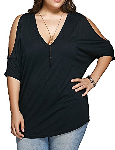 Product Cover Allegrace Women Plus Size Tops V Neck Short Sleeve Batwing Top Cold Shoulder T Shirt