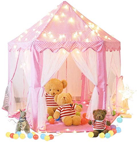 Product Cover Springbuds Kids Pink Princess Castle Play Tent, Large Children Playhouse for Girls, Play Tent with Star Lights for Children Indoor and Outdoor Games Child Toys, 55