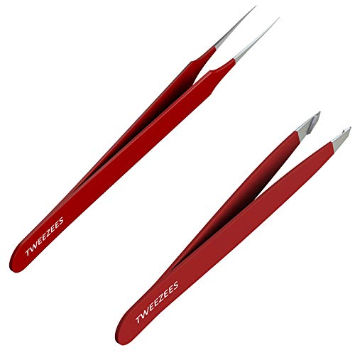 Product Cover Tweezees Precision Red Stainless Steel Tweezers | Professional Slant Tip & Splinter Tip Tweezer | Extra Sharp Hair Removal Tool | For Eyebrow Shaping