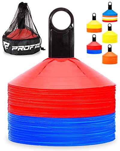 Product Cover Pro Disc Cones (Set of 50) - Agility Soccer Cones with Carry Bag and Holder for Training, Football, Kids, Sports, Field Cone Markers - Includes Top 15 Drills eBook (Blue and Red)