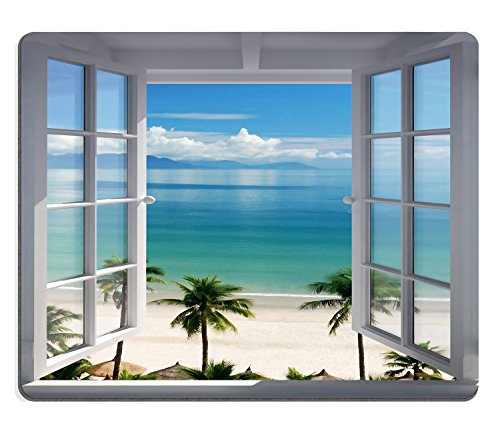Product Cover Wknoon Mouse Pad Palm Trees Tropical Island Beach Nature Paradise Panoramic Picture Through Wooden Windows Scene Custom Design