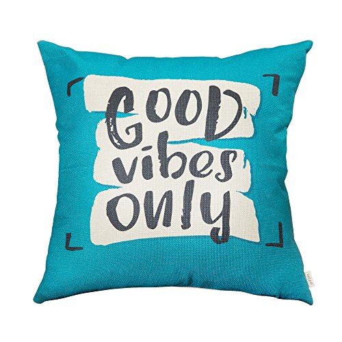 Product Cover Fjfz Good Vibes Only Motivational Sign Décor Inspirational Quote Decoration Cotton Linen Home Decorative Throw Pillow Case Cushion Cover with Words for Sofa Couch, Teal and Turquoise, 18