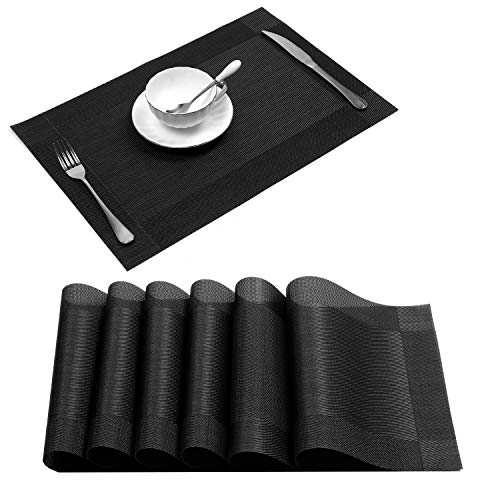 Product Cover U'Artlines Placemat, Crossweave Black Woven Vinyl Non-Slip Insulation Placemat Washable Table Mats Set of 6