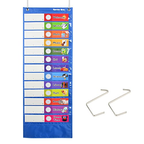 Product Cover Daily Schedule Pocket Chart， Class Schedule with 26 Cards, 13+1 Pockets. 13 Colored + 13 Blank Double-Sided Reusable Cards, Easy Over-Door Mountings Included. (13