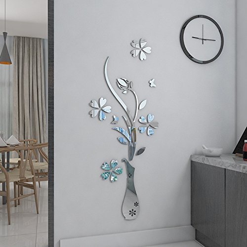 Product Cover HEYING Mirror Flower Vase 3D Crystal Acrylic DIY Wall Stickers& Murals For Entranceway , Living Bedroom Dining Room Décor Home Decoration (12.2