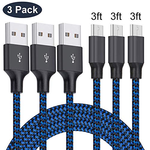 Product Cover Micro USB Cable 3ft, 3Pack 3FT Nylon Braided High Speed Micro USB Charging and Sync Cables Android Charger Cord Compatible Samsung Galaxy S7 Edge/S6/S5/S4,Note 5/4/3,LG,Tablet and More(Blue)