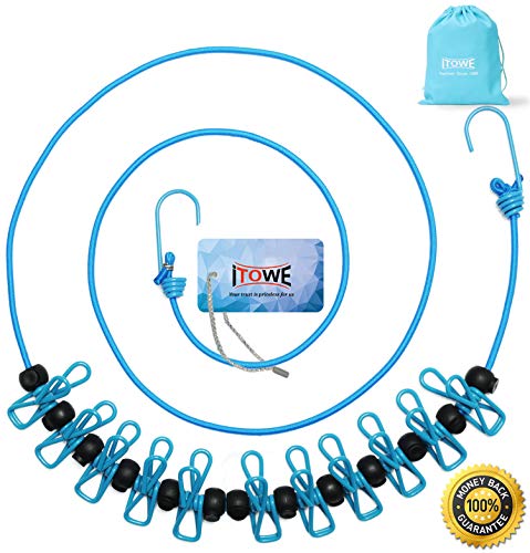 Product Cover ITOWE Travel Elastic Clothesline Camping Clothes Lines Adjustable Clothes Rope with 12pcs Clothespins Portable Clothesline with Clips for Outdoor Wind-Proof Clothesline Indoor Clothes Lines Blue