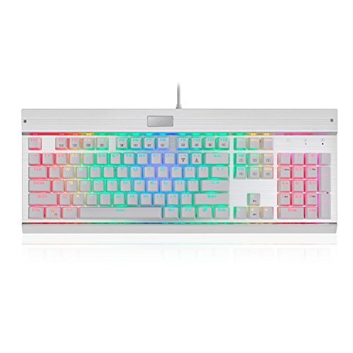 Product Cover Eagletec KG011-RGB Mechanical Keyboard Blue Switches 104 Lighted Keys Natural Ergonomic Aluminum Design for Windows PC Office and Gaming (White Keyboard RGB LED Backlit)