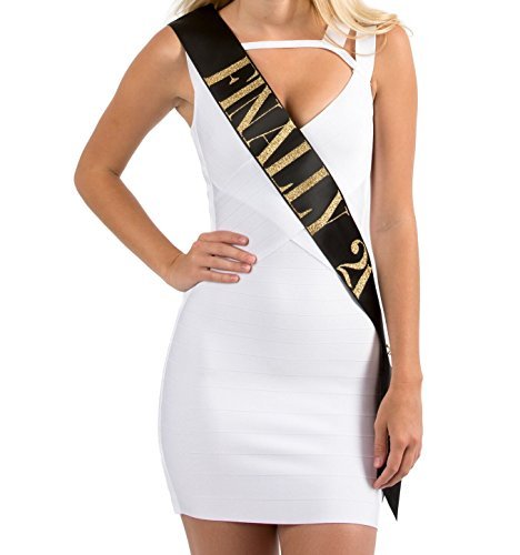 Product Cover Dulcet Downtown Birthday Sash - Black Finally 21 Sash with Gold Glitter Lettering