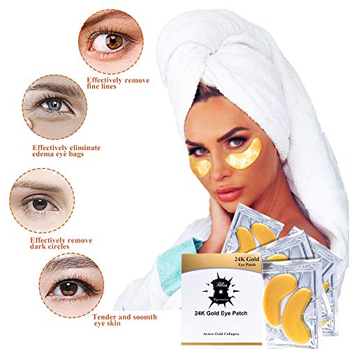 Product Cover 24K Gold Powder Collagen Eye Mask, Great for Anti Aging Crystal Gel, Dark Circles, Puffiness and Fine Lines, 100% Collagen Under Eye Pads for Man and Women 20 Pairs