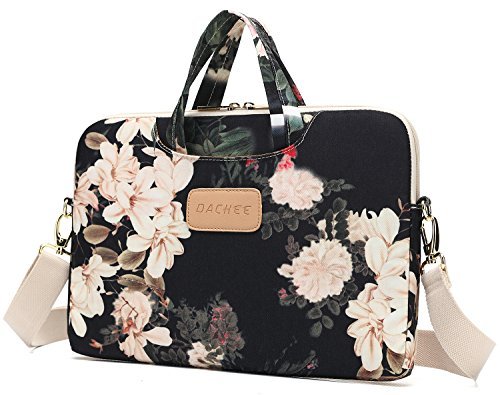 Product Cover Dachee Black Peony Patten Waterproof Laptop Shoulder Messenger Bag Case Sleeve for 11 Inch 12 Inch 13 Inch Laptop and Macbook Air Pro 11 /12/ 13