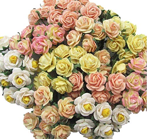 Product Cover Thai Decorated 100 pcs Mini Rose Mixed Yellow Color Mulberry Paper Flower 10 mm Scrapbooking Wedding Doll House Embellishment Card Supplies Bouquet Craft Flowers.