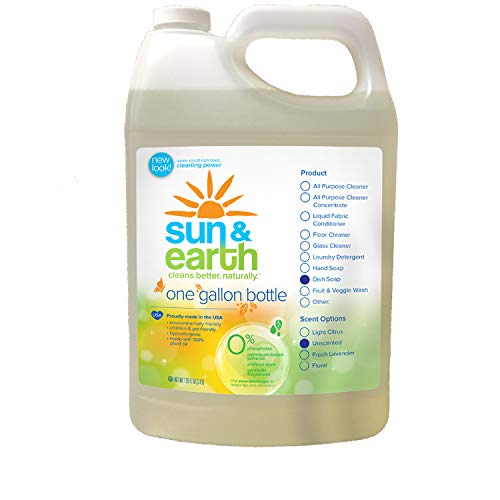 Product Cover Concentrated Liquid Dish Soap by Sun & Earth, Plant-Based Ingredients, Safer Around Kids & Pets, Unscented, 128 Fl Oz Bulk Size