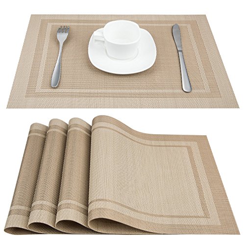 Product Cover Artand Placemats, Heat-Resistant Placemats Stain Resistant Anti-Skid Washable PVC Table Mats Woven Vinyl Placemats, Set of 4 (Beige)