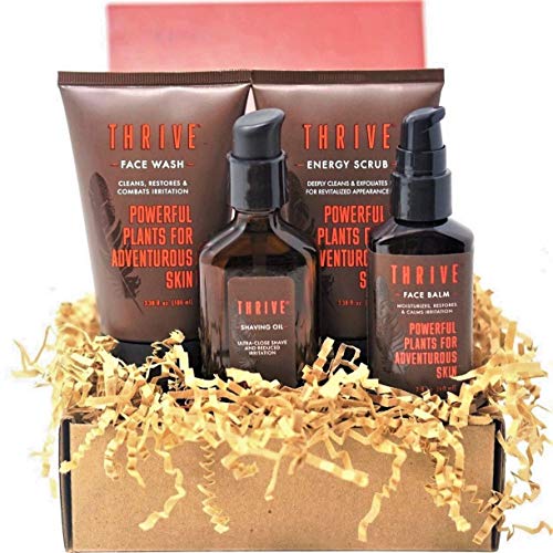 Product Cover Thrive Natural VIP Men's Skin Care Set (4 Piece) - Grooming Gift Set to Wash, Exfoliate, Shave & Soothe - Gift for Men Made in USA with Organic & Unique Natural Ingredients for Healthy Mens Skincare