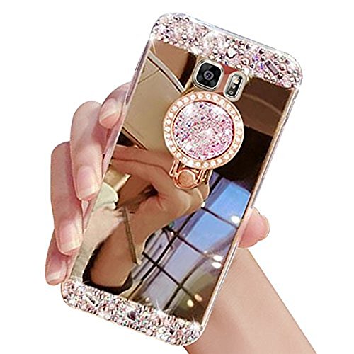 Product Cover Galaxy S8 Plus Case,Inspirationc Crystal Rhinestone Mirror Glass Case Bling Diamond Soft Rubber Makeup Case for Samsung Galaxy S8 Plus with Detachable 360 Degree Ring Stand--Gold