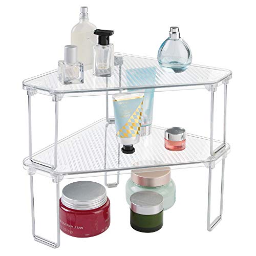 Product Cover mDesign Corner Plastic/Metal Freestanding Stackable Organizer Shelf for Bathroom Vanity Countertop or Cabinet for Storing Cosmetics, Toiletries, Facial Wipes, Tissues, 2 Pack - Clear