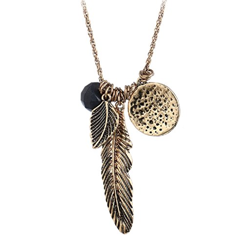 Product Cover HONGYE Ancient Gold and Silver Feather Leaf Bead More Pendant Necklace