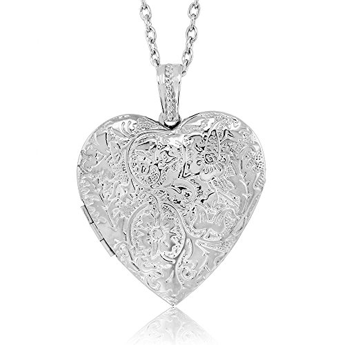 Product Cover Gem Stone King Locket Pendant Necklace Charm 1.5inches Engraved Flowers Heart Shape + 28 Inch Chain