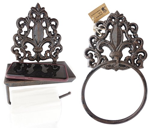 Product Cover Lulu Decor, Set of Cast Iron Fleur De Lis Toilet Tissue Holder & Towel Holder, Designed with Flat Surface That can Comfortably Hold Important belongings Like Cell Phone, Wallets, Keys etc(Set)