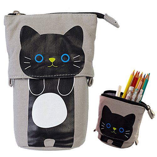 Product Cover iSuperb Transformer Stand Store Pencil Holder Canvas+PU Cartoon Cute Cat Telescopic Pencil Pouch Bag Stationery Pen Case Box with Zipper Closure 7.5 x 4.9 x 3.0inch/4.1x 3.0inch (Gray)