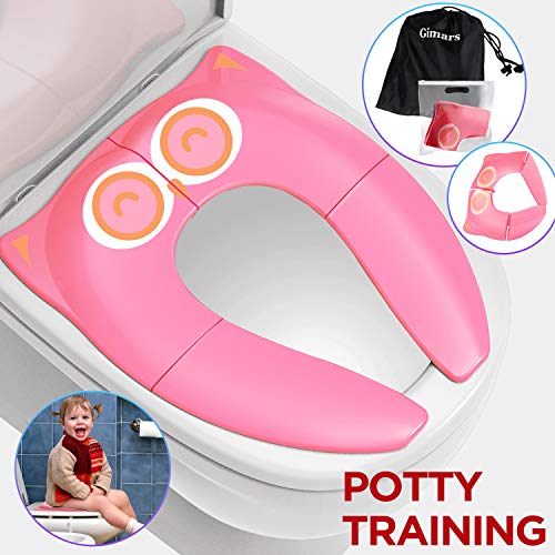 Product Cover Gimars Non Slip No Falling Folding Travel Portable Potty Training Seat Fits Most Toilets, 6 Large Non-slip Silicone Pad, Home Reusable with Carry Bag for Toddlers Kids Boy Girl, Pink