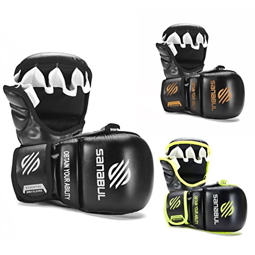 Product Cover Sanabul New Item Essential 7 oz MMA Hybrid Sparring Gloves (Black/Silver, Small/Medium)