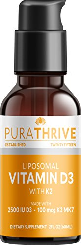 Product Cover PuraTHRIVE Liquid Vitamin D3 with K2. High Absorption with True Liposomal Delivery. 2oz. (60ml). GMO Free, Gluten Free, Made in USA. D3 Provides D3 2500iu with K2 100 mcg MK-7.