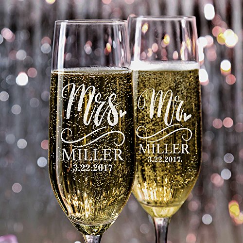 Product Cover P Lab Set of 2, Mr. Mrs. Heart Last Name & Date, Personalized Wedding Champagne Flutes, Wedding Toasting Glasses for Bride and Groom - Customized Etched Flutes of Wedding Gift #N5
