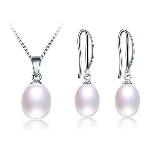 Product Cover Freshwater Cultured Genuine Pearls Jewelry Set with Necklace & Drop Earrings by DIAMOVI - Top Quality 925 Sterling Silver - Stunning Wedding Bridal Jewelry - Luxury Fashion Style - White