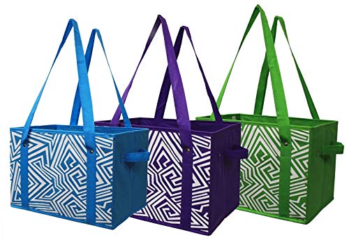 Product Cover Earthwise Deluxe Collapsible Reusable Shopping Box Grocery Bag Set with Reinforced Bottom Storage Boxes Bins Cubes (Set of 3) (Green/Turq/Purple)