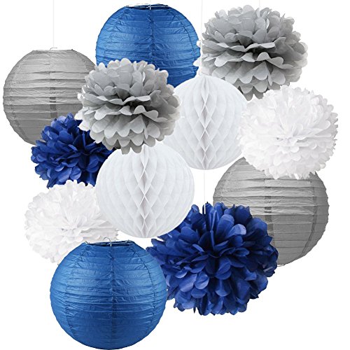 Product Cover 12pcs Mixed Navy Blue Gray White Party Tissue Pom poms Flower Hanging Paper Lantern Honeycomb Balls Nautical Themed Vintage Wedding Birthday Baby Shower Nursery Decoration