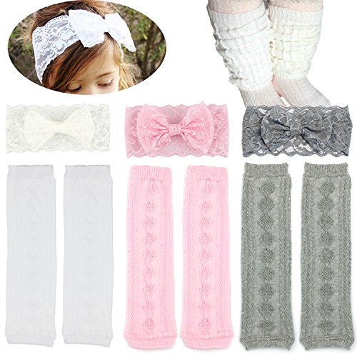 Product Cover Elesa Miracle 3 Pairs Knitted Baby & Toddler Cozy Soft Argyle Leg Warmers and Baby Lace Bow Headband Value Set