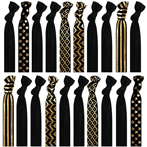Product Cover Syleia 20 Hair Ties - Black with Gold Prints- Elastic Ponytail Holders No Crease Hand Knotted Fold Over 20 Pack ...