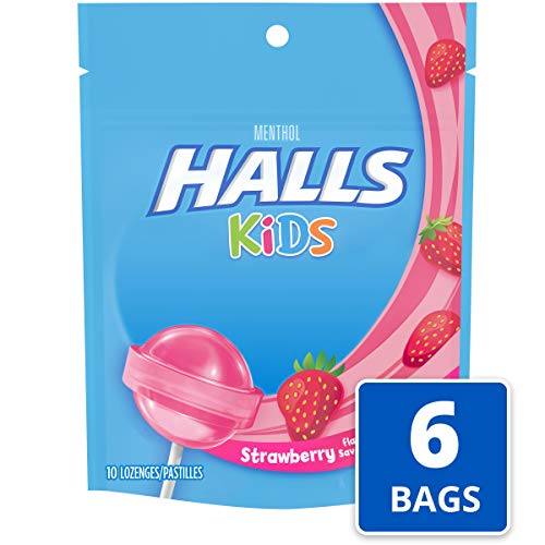 Product Cover Strawberry: Halls Kids Strawberry Cough and Sore Throat Pops - for Children - 60 Pops (6 Bags of 10 Pops)