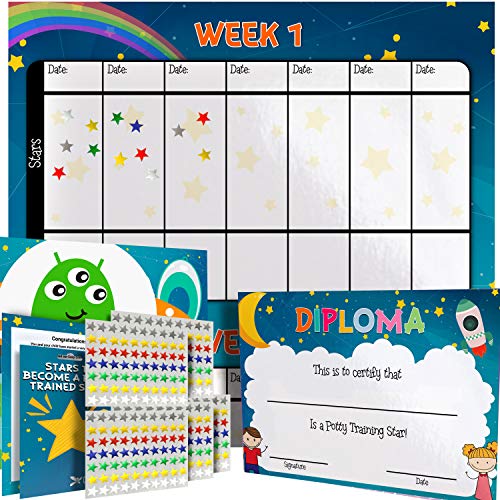 Product Cover Potty Training Chart for Toddlers - Space Theme - Sticker Chart - Celebratory Diploma, Crown and Book - 4 Week Potty Chart for Girls and Boys - Potty Training Sticker Chart