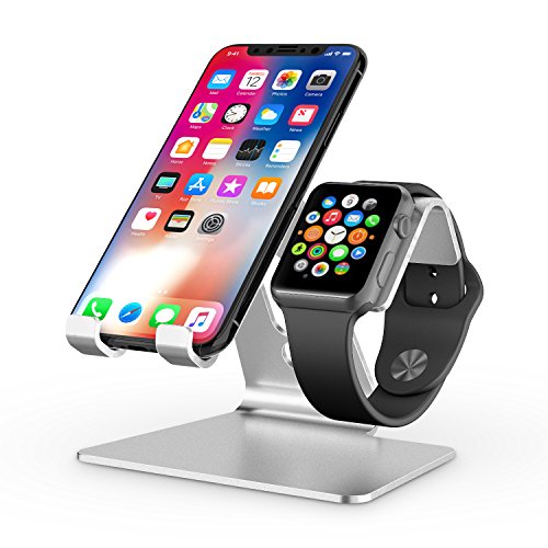 Product Cover Apple Watch Stand, OMOTON 2 in 1 Universal Desktop Stand Holder for iPhone and Apple Watch Series 5/4/3/2/1 (Both 38mm/40mm/42mm/44mm) (Silver)