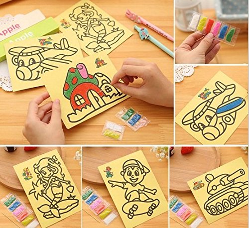 Product Cover URToys 10Pcs/lot 20.5x15cm Colored Sand Painting Drawing Toys Sand Art Kids Coloring DIY Crafts Learning Education Color Sand Art Painting Cards Set With Yellow Background Random Patterns