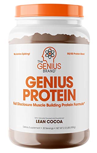 Product Cover Genius Protein Powder - Natural Whey Protein Isolate & Micellar Casein Lean Muscle Building Blend, Grass Fed Post Workout Strength Builder for Weight Loss and Strength Gains, Lean Cocoa, 2 LB