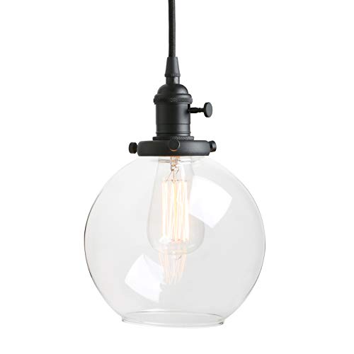 Product Cover Pathson Black Pendant Light with Globe Round Glass Shade, Metal Base Cap and Adjustable Textile Cord, Industrial Style Retro Hanging Lamps for Dining Room Kitchen Island
