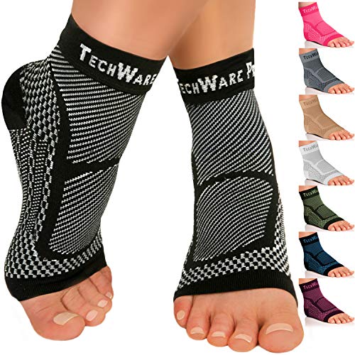 Product Cover TechWare Pro Ankle Brace Compression Sleeve - Relieves Achilles Tendonitis, Joint Pain. Plantar Fasciitis Foot Sock with Arch Support Reduces Swelling & Heel Spur Pain. (Black, S/M)