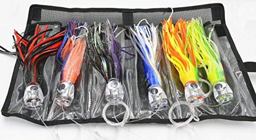 Product Cover Fishing Lure Set of 6 Trolling Saltwater Skirted Lures: 9 inch Rigged lures and Black Bag included. Catch any Predatory Pelagic Fish in the ocean including Dolphin, Tuna, and Wahoo!