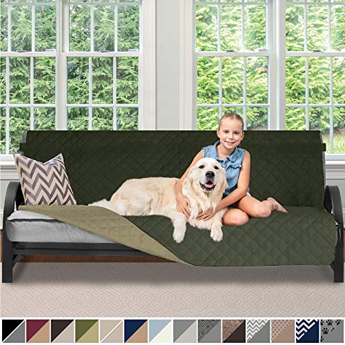 Product Cover Sofa Shield Original Patent Pending Reversible Futon Protector for Seat Width up to 70 Inch, Furniture Slipcover, 2 Inch Strap, Daybed Couch Slip Cover Throw for Pets, Cats, Futon, Hunter Green Sage