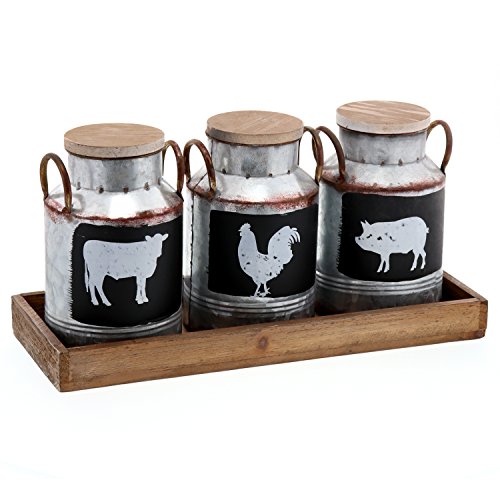 Product Cover Barnyard Designs Decorative Galvanized Metal Jars with Rustic Handles and Wood Lid & Tray | Country Home Decor with Farm Animal Jug Designs | Set of 3