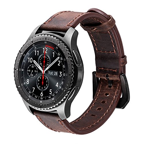 Product Cover iBazal Gear S3 Watch Band 46mm, Gear S3 Frontier/Classic Bands with Black Clasp 22mm Genuine Leather Replacement Strap for Samsung Gear S3 Frontier/Classic SM-R760 / Pebble Time-Coffee+Black Clasp