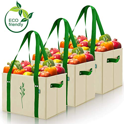 Product Cover Green BD's Reusable Grocery Bags. Large, Heavy Duty and Spillover Proof. Eco-Friendly Collapsible Shopping Box Bags with Fold Up Reinforced Bottom. (Taupe Set of 3)