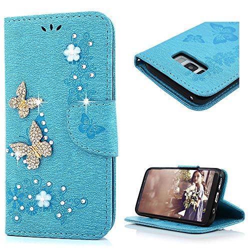 Product Cover Galaxy S8 Wallet Case, YOKIRIN Luxury 3D Handmade Crystal Rhinestone Case Embossed Double Bling Butterfly PU Leather with Wrist Strap Stand Credit Card ID Holders Skin for Samsung Galaxy S8, Blue